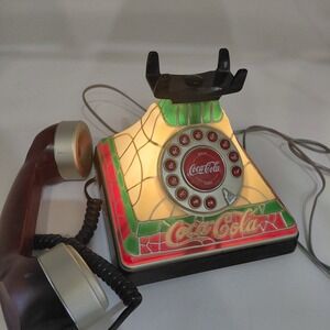 Vtg Coca-Cola Light Up Push Button Landline Telephone Stained Glass Look